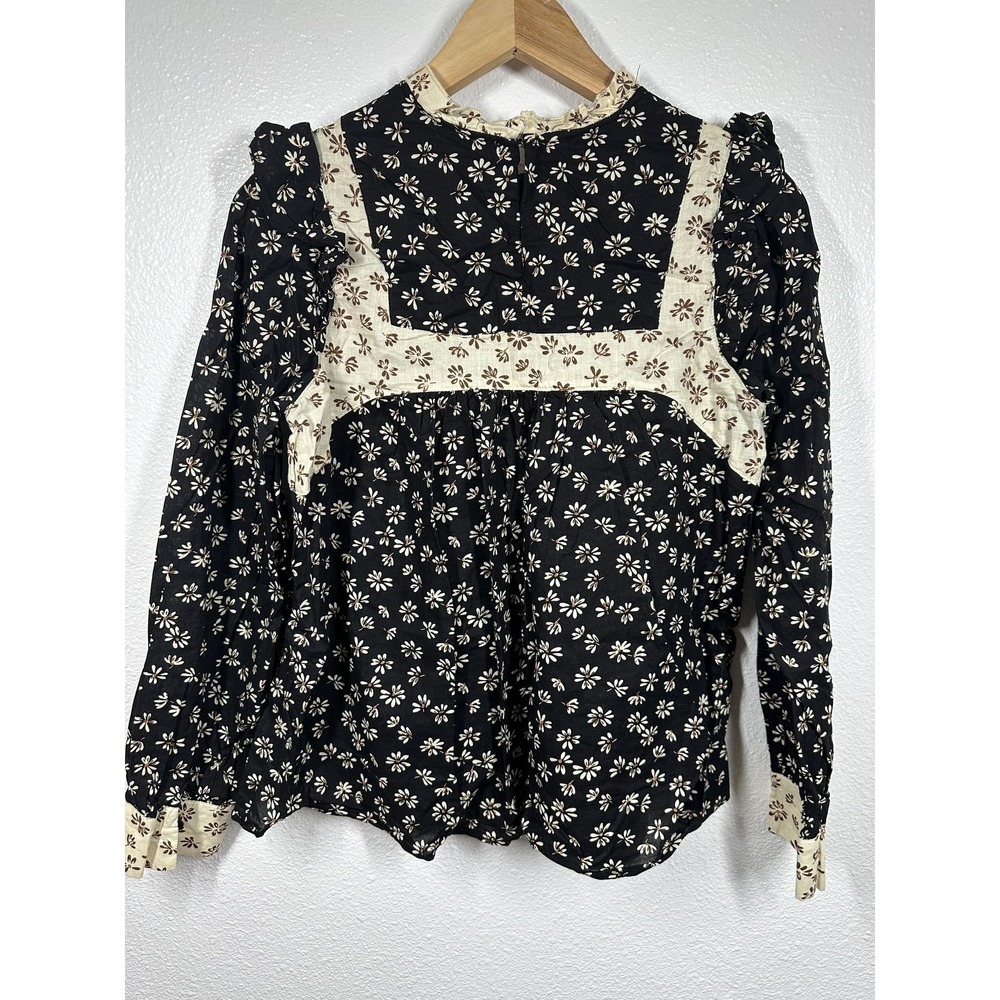In Loom Blouse Womens Small Black Floral Cottagecore Long Sleeve Ruffle Top - Picture 2 of 6